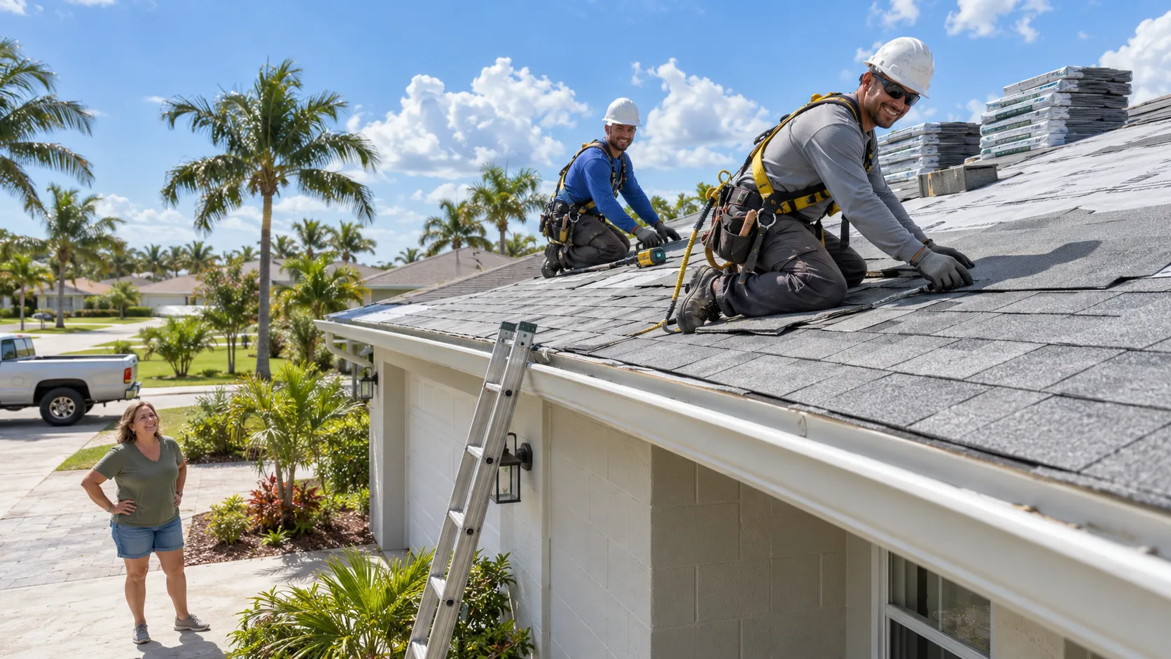 A crew of friendly roofing providers installing new tile and shingle roofing on a home in Delray Beach