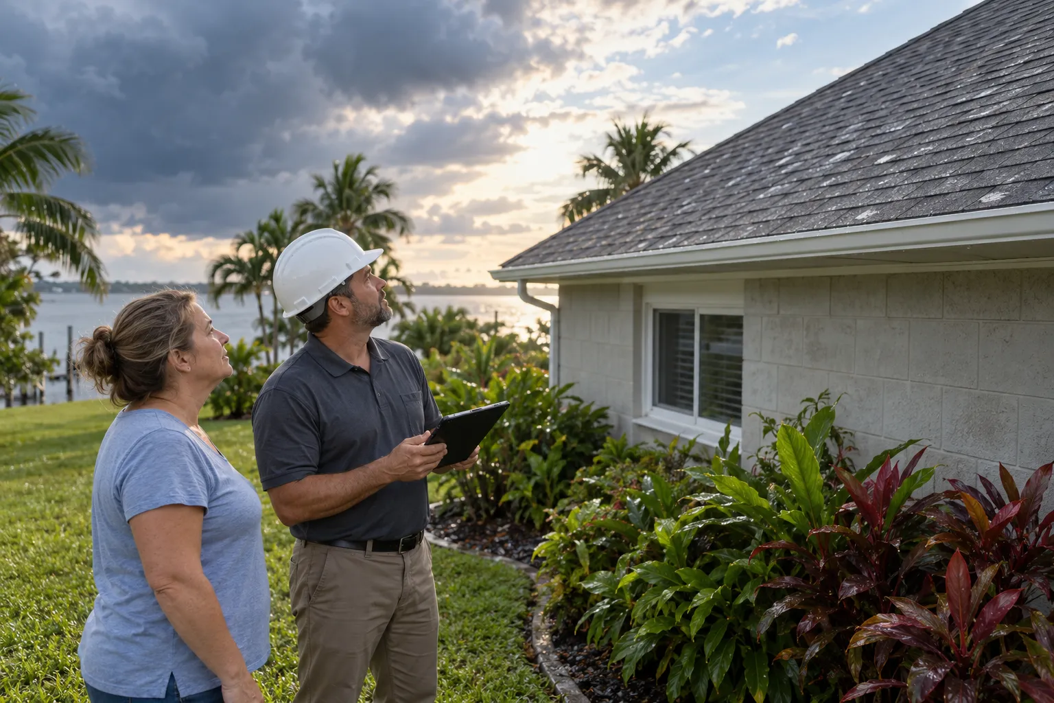 A homeowner in Delray Beach looking up at storm-damaged roof shingles from the yard with a roofing provider